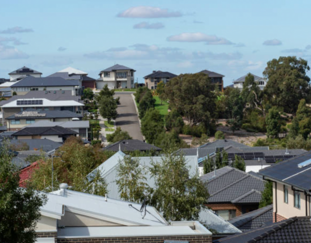 High angle view suburban neighbourhood Melbourne With Solar Panel In Roof High angle view suburban neighbourhood Melbourne With Solar Panel In Roof