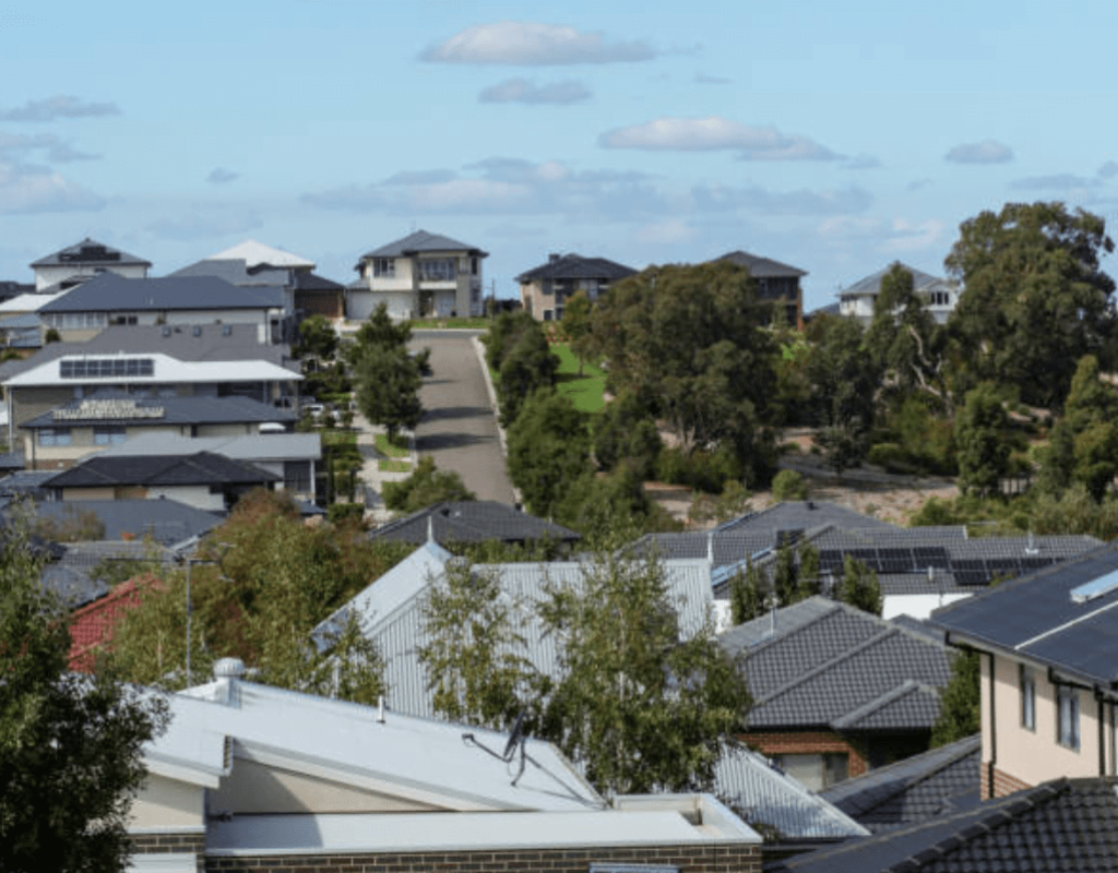 High angle view suburban neighbourhood Melbourne With Solar Panel In Roof